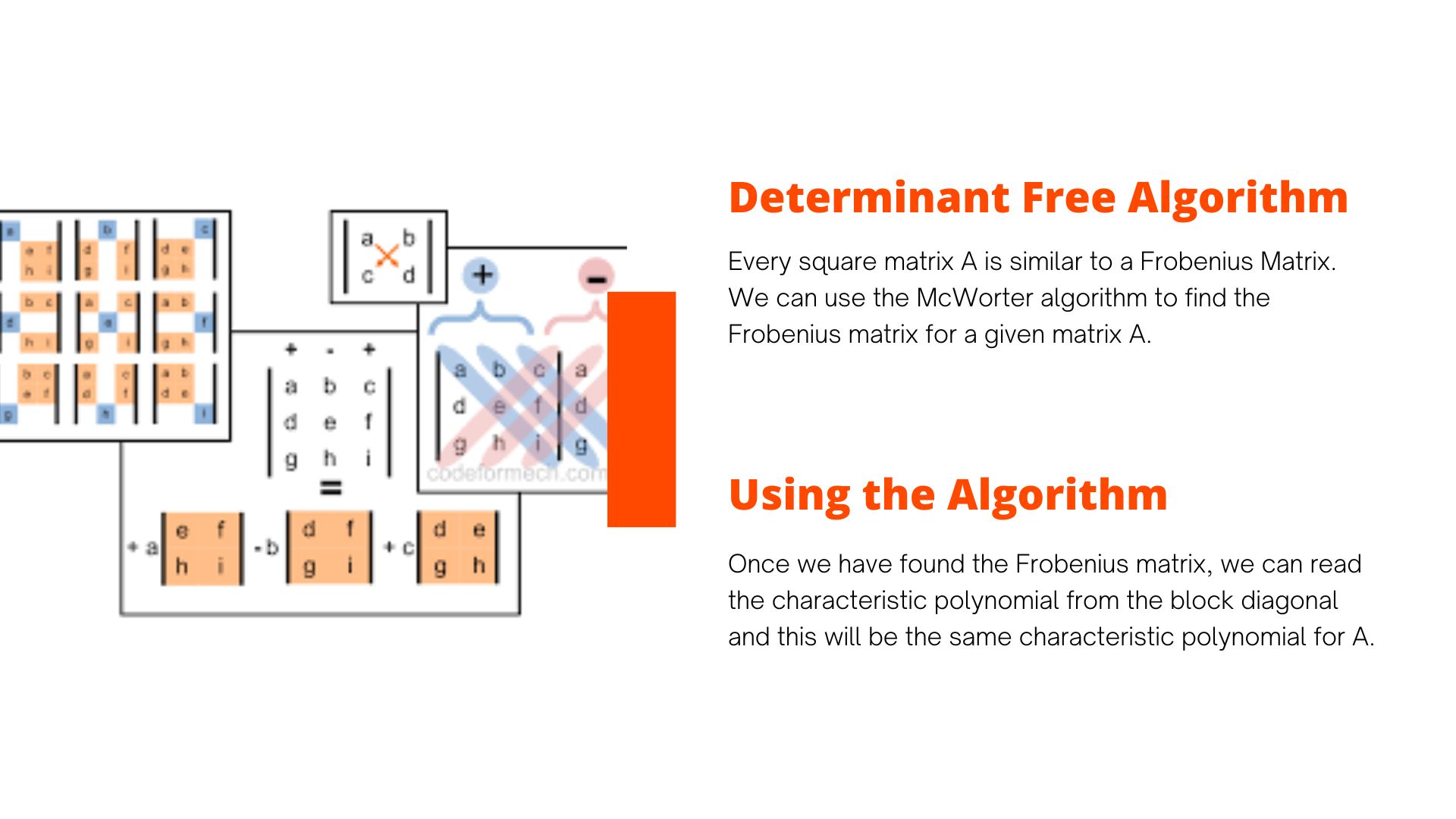 Death to Determinants presentation slide on using an algorithm of Dr. William McWorter, images feature matrices in orange
