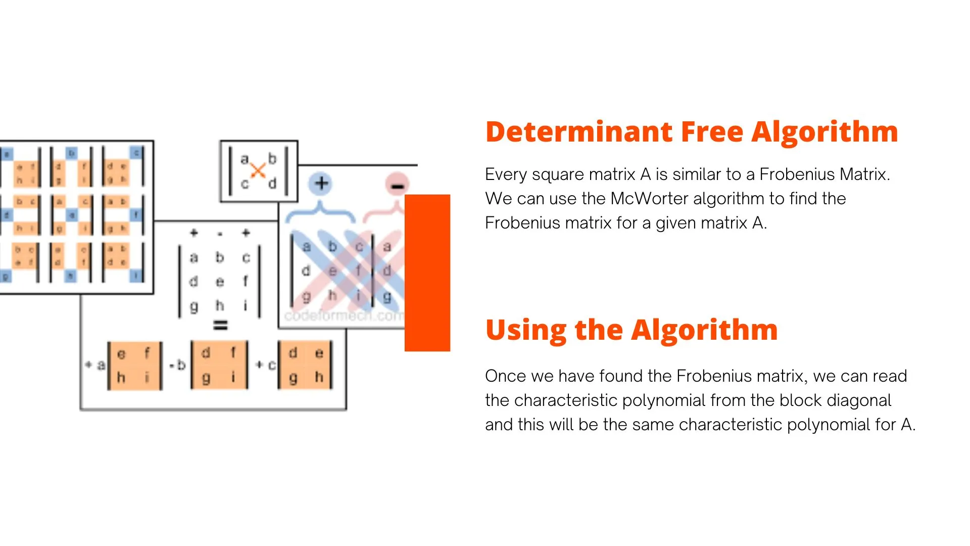 Death to Determinants presentation slide on using an algorithm of Dr. William McWorter, images feature matrices in orange