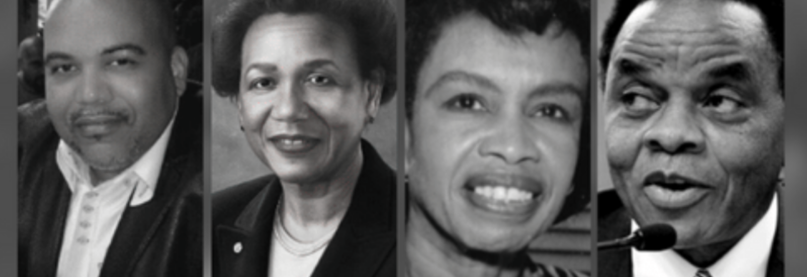 Collage of Black Math PhD Alumni from Ohio State in Black and White. From left to right: William McWorter, Jr., Carolyn Mahoney, Thyrsa Svager, Charles Chidume